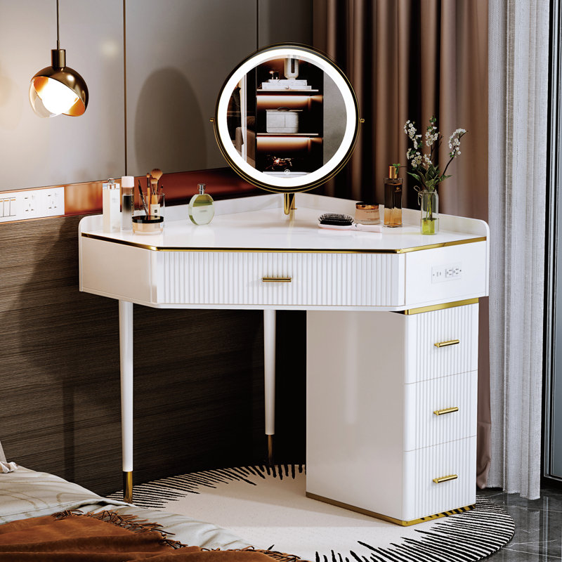 Modern Corner Vanity with Lighted Mirror Large Size Corner Dresser Makeup Dressing Table